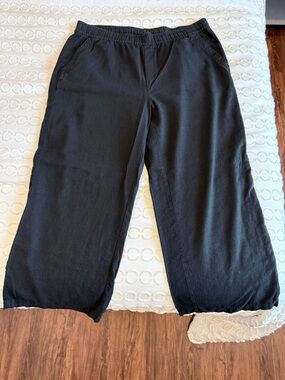 Black Wide Leg Elastic Waist Linen Pants